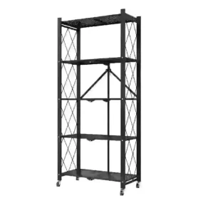 5 Tier Steel Black Foldable Shelves with Wheels (Style 1)