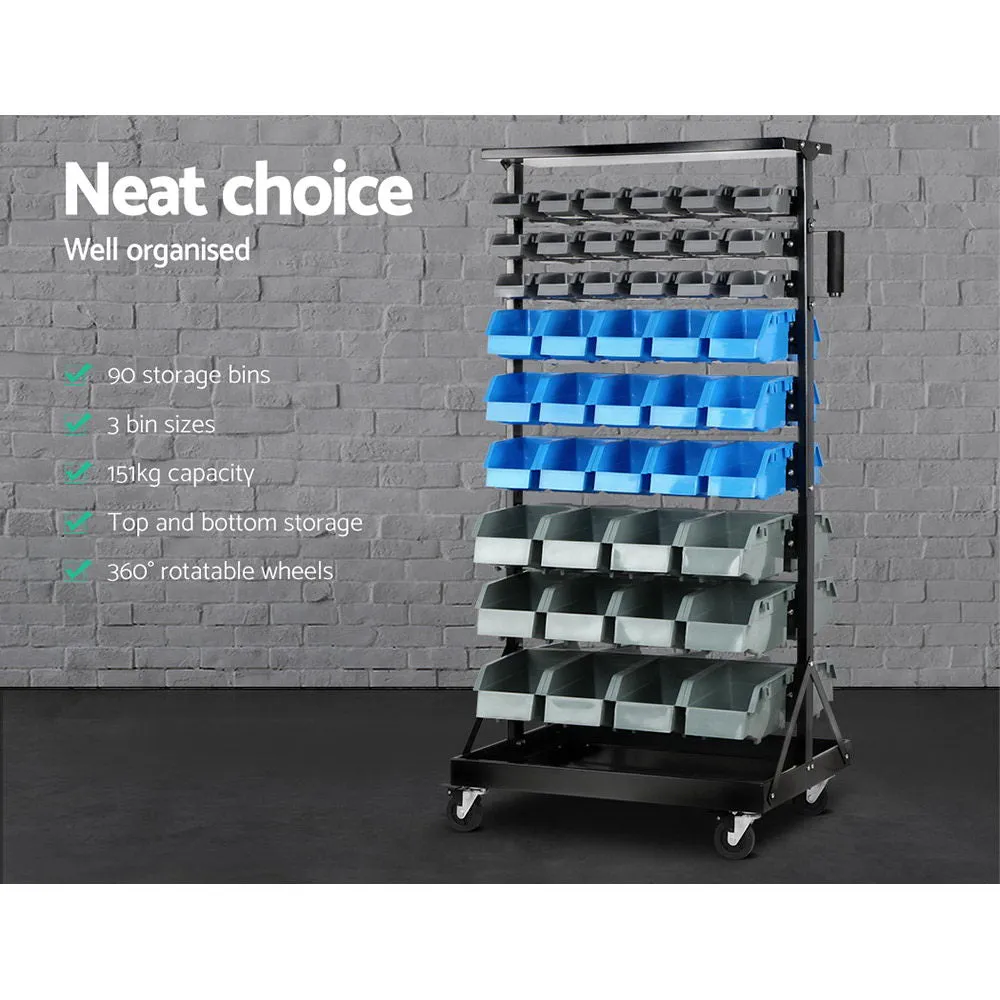 90 Bin Storage Rack On Wheels Steel Frame Unit Mechanic Workshop