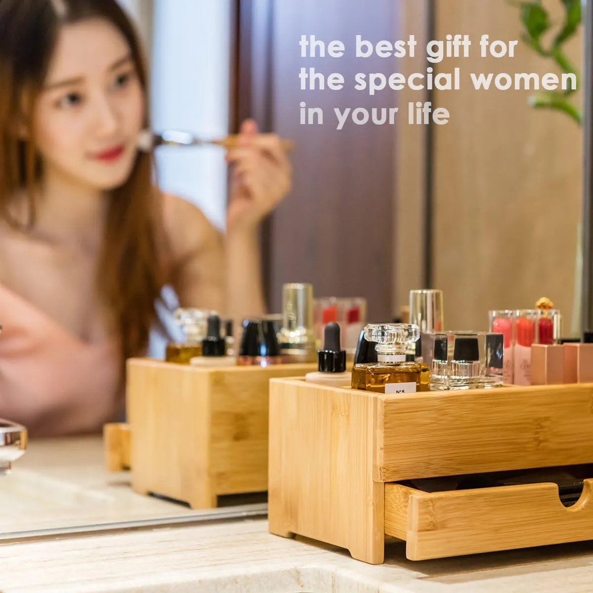 Bamboo Makeup Organizer - Cosmetic Skincare Storage Display Case for Bathroom Countertop Dresser and Vanity