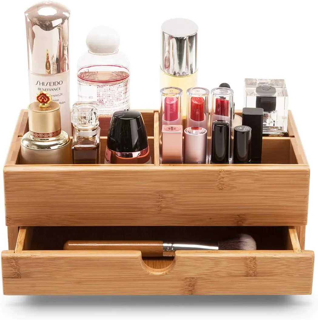 Bamboo Makeup Organizer - Cosmetic Skincare Storage Display Case for Bathroom Countertop Dresser and Vanity