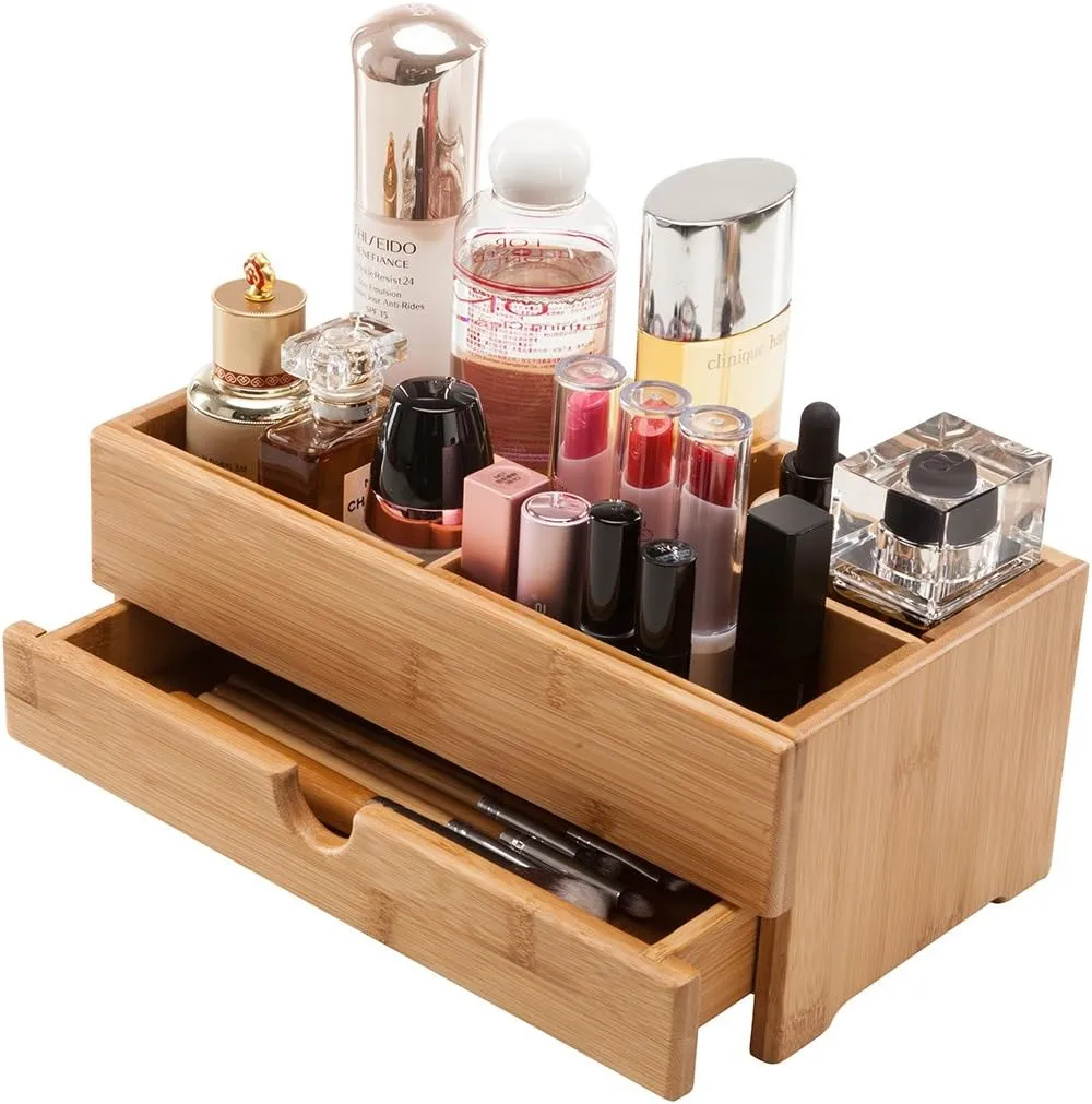 Bamboo Makeup Organizer - Cosmetic Skincare Storage Display Case for Bathroom Countertop Dresser and Vanity