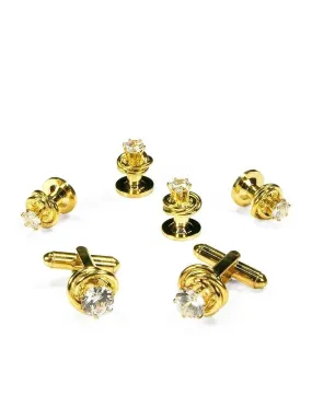 Crystal in Gold Loveknot Studs and Cufflinks Set