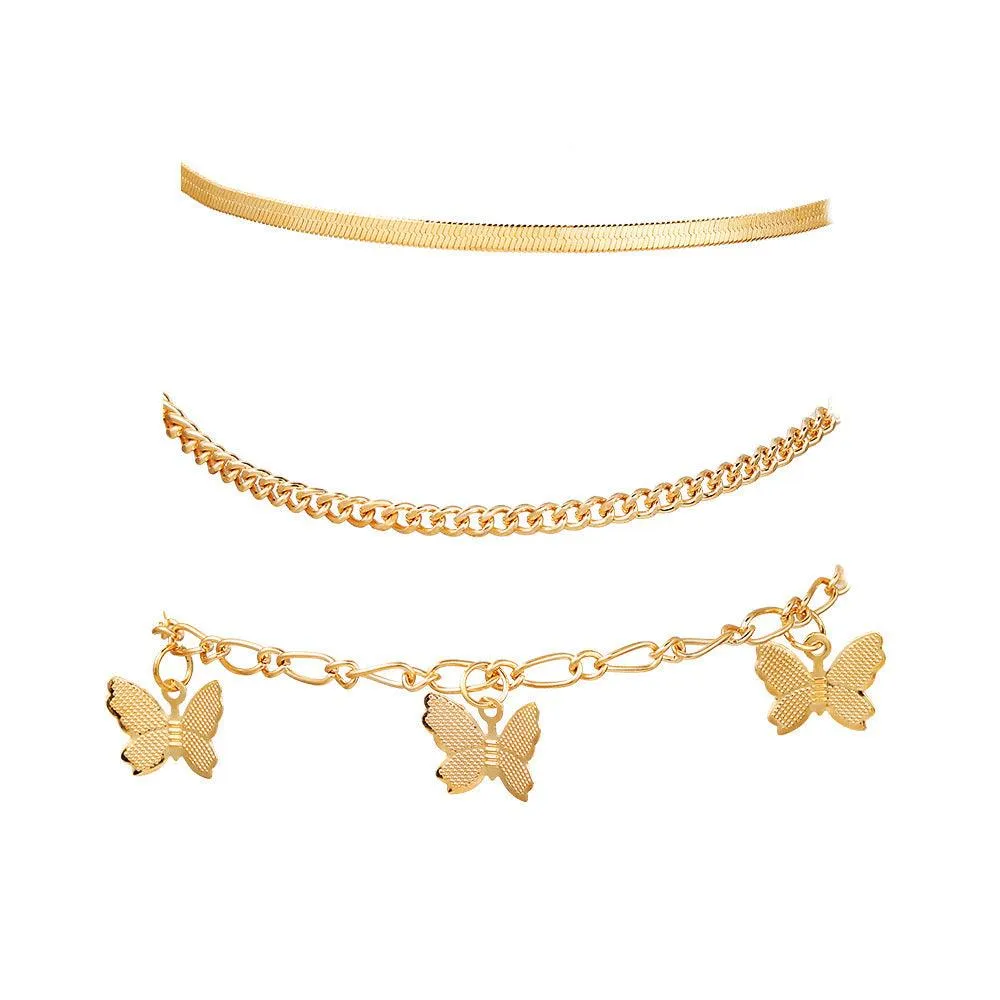 F10.Layered Chain Butterfly Pendant Anklet Set