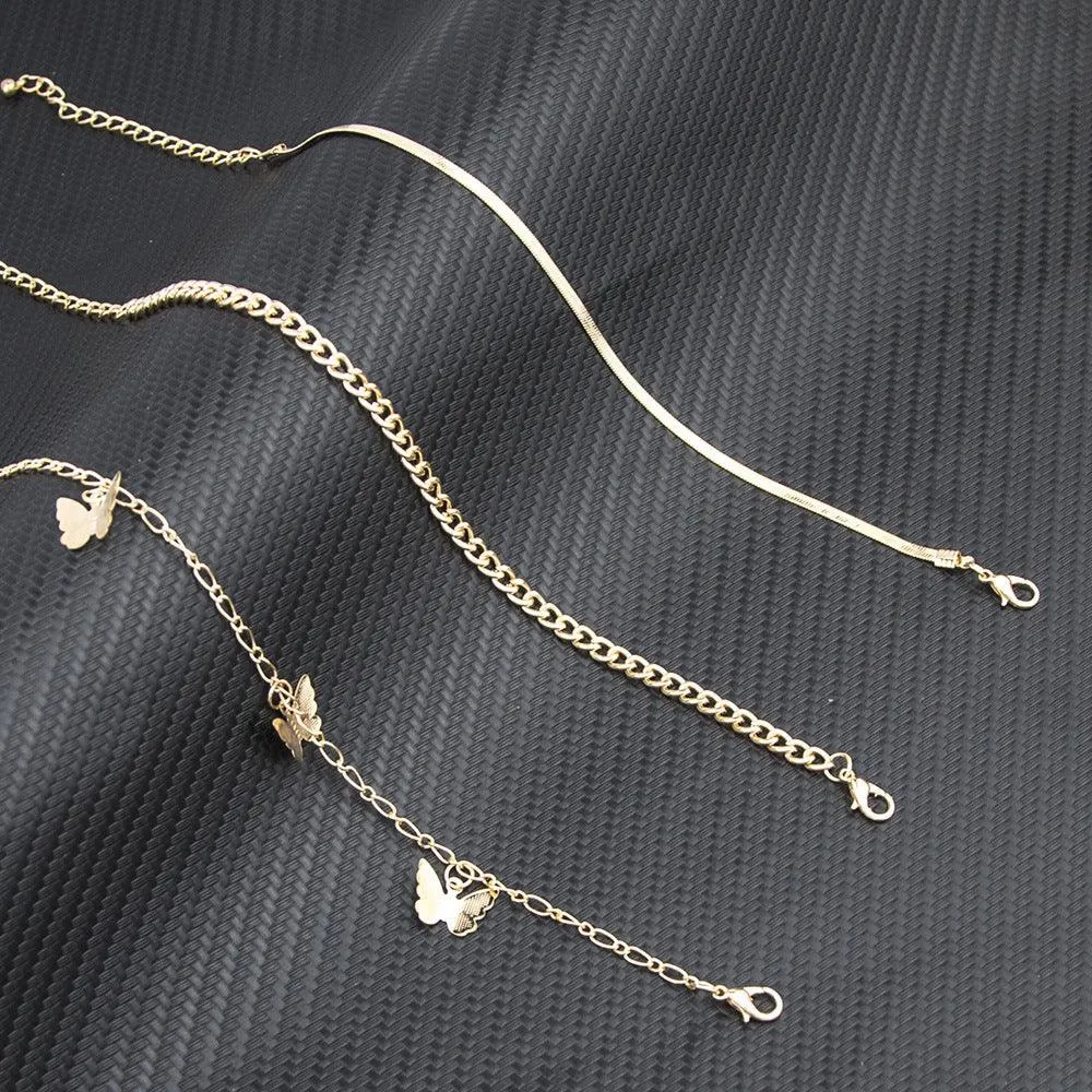 F10.Layered Chain Butterfly Pendant Anklet Set