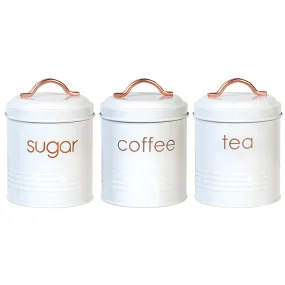 Farmhouse Design Metal Storage Bin Jar Canisters, Food Safe, Copper Handle - Coffee, Tea, Sugar (36 ounce) - Set of 3