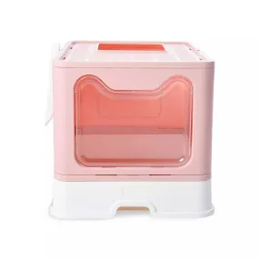 Foldable Pink Cat Litter Box with Lid, Top Exit, Drawer