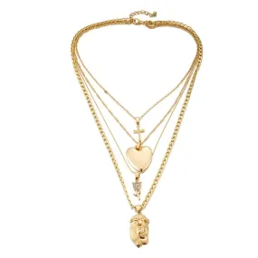 Multi-layer Gold Chain Necklace with Cross, Rose, Heart, and Jesus Pendant