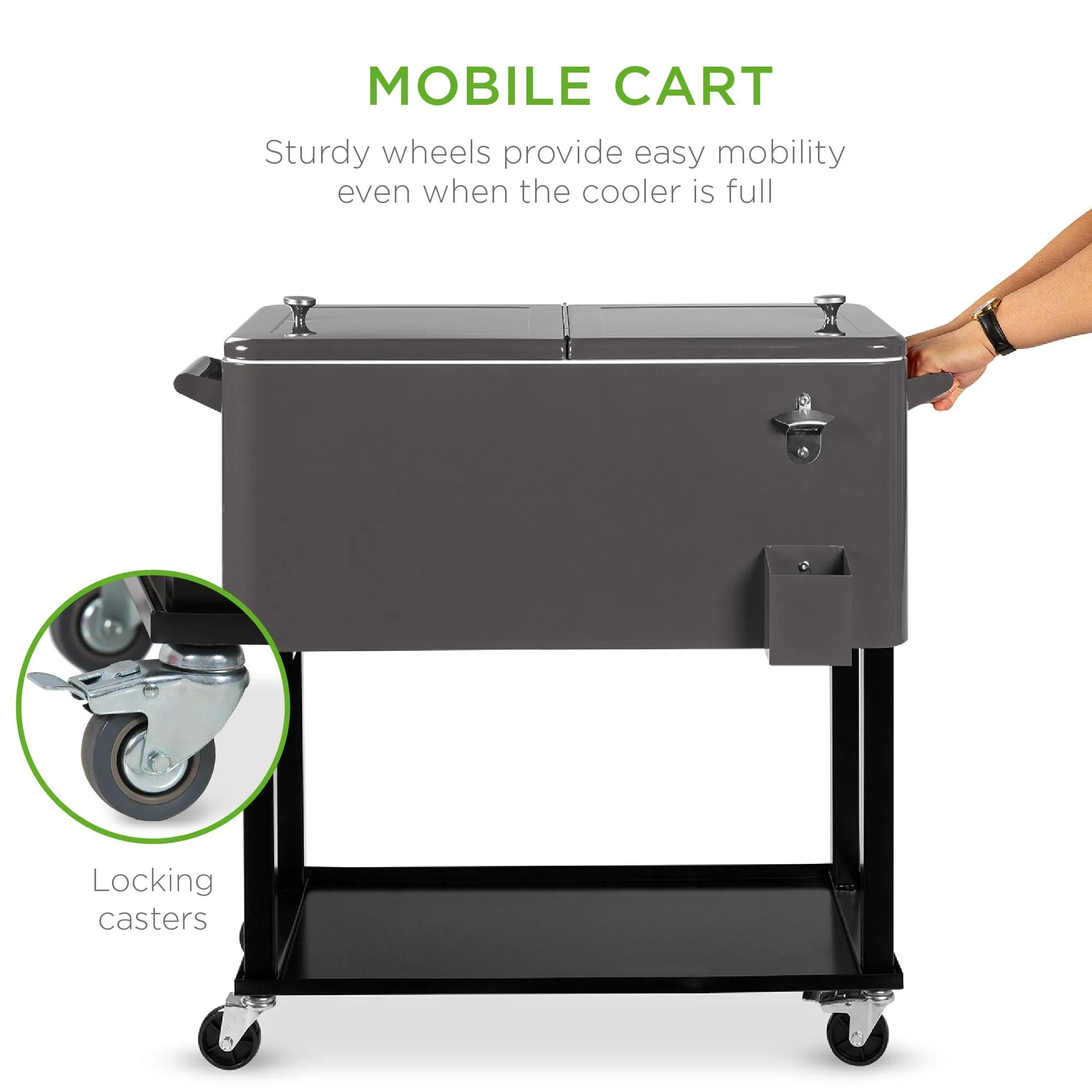 Portable Rolling Cooler Cart w/ Bottle Opener, Catch Tray