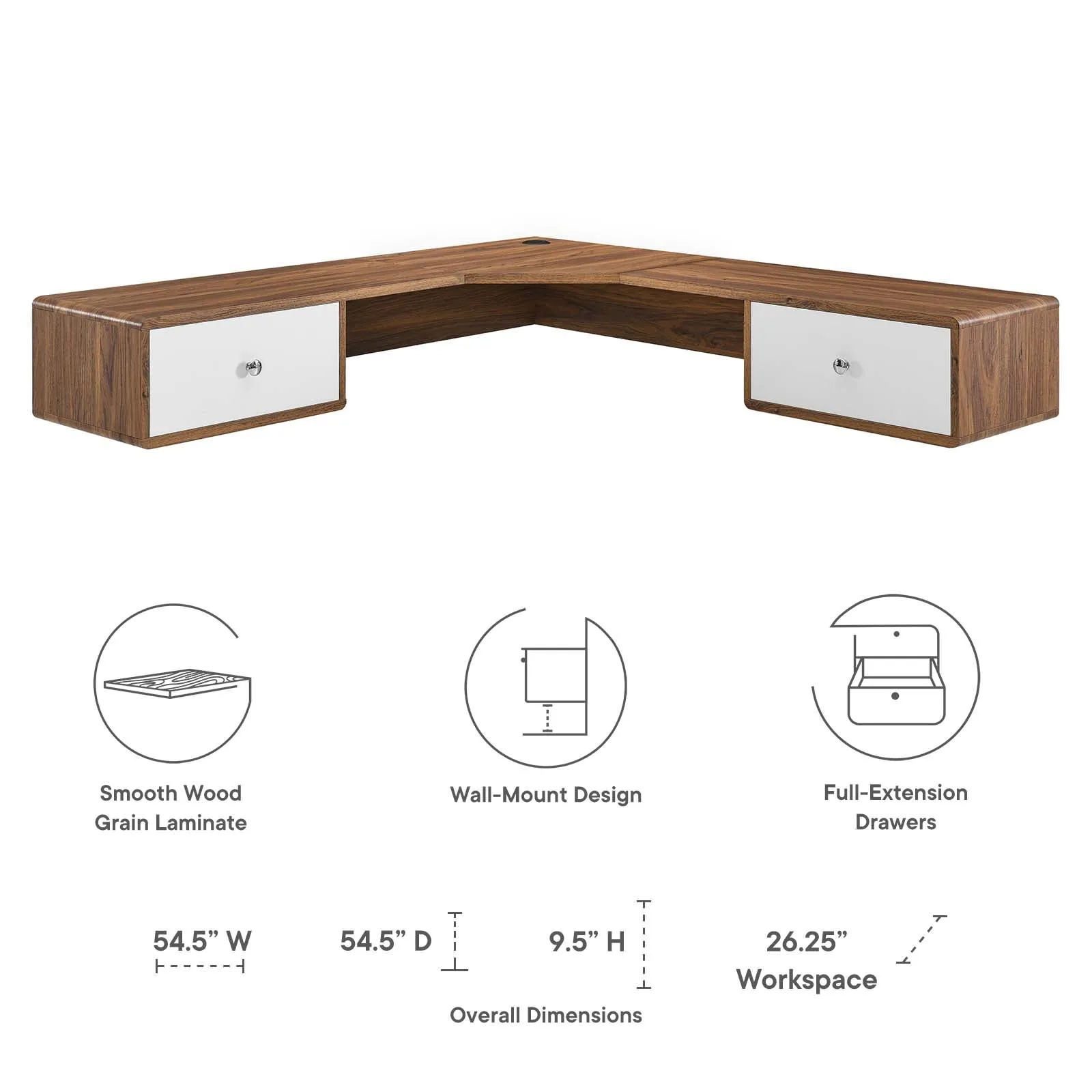 Transmit 55" Wall Mount Corner Wood Office Desk Walnut White EEI-5863-WAL-WHI